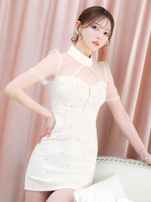 ミニドレスタイト半袖シアーハイネックバストカットジップ谷間ツイードストーンホワイトXLキャバドレスの商品画像4枚目