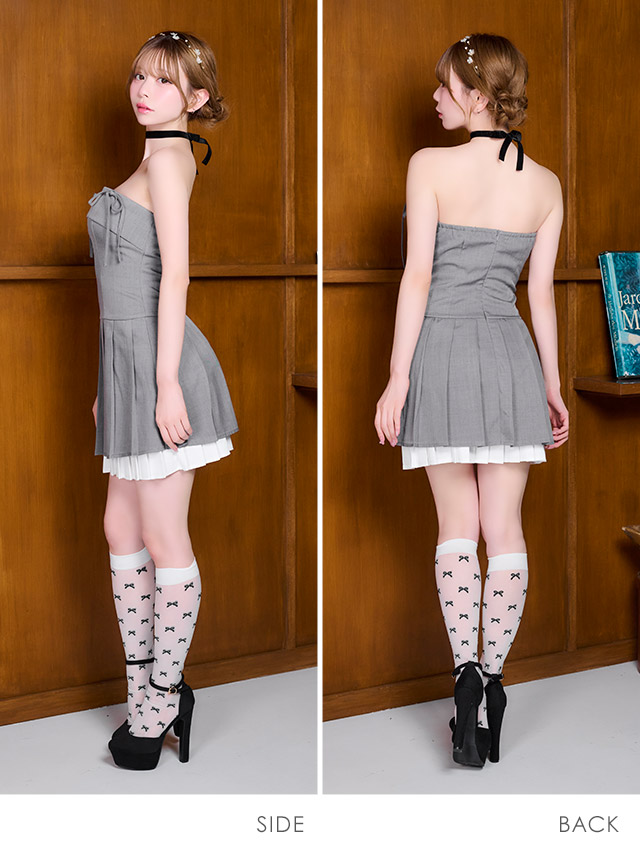 ミニドレス ベアトップ リボン Aライン レイヤード プリーツ 同伴 グレー XL キャバドレス のサイド・バック画像