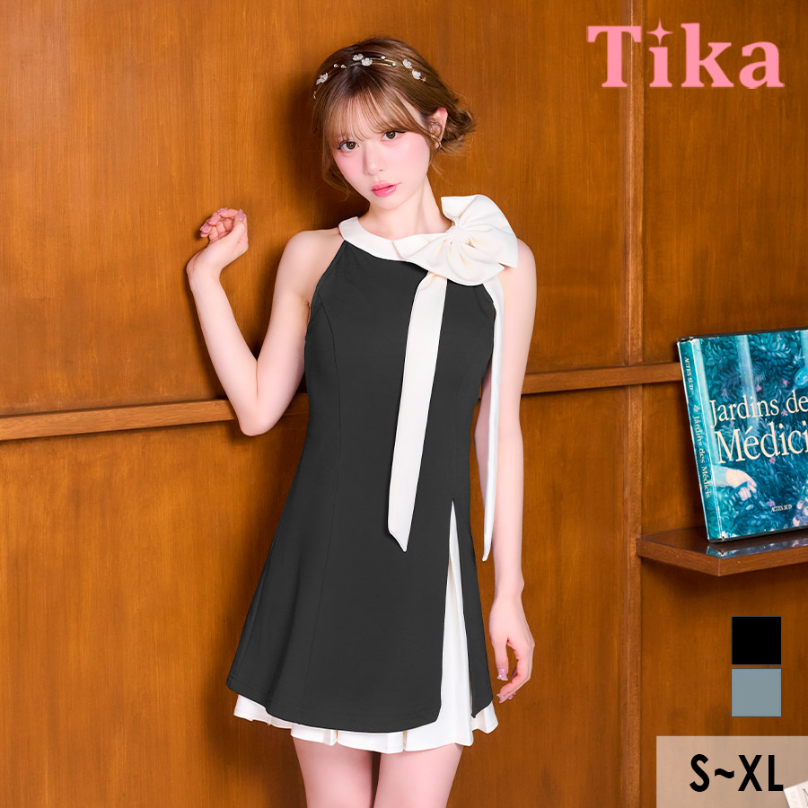 ミニドレス アメリカンスリーブ ハイネック ネックリボン ワンピース ストレッチ Aライン バイカラー プリーツ 同伴 胸元カバー XL 黒 キャバドレス のメイン画像