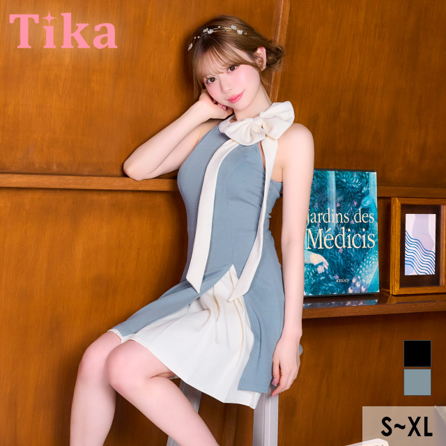 ミニドレス アメリカンスリーブ ハイネック ネックリボン ワンピース ストレッチ Aライン バイカラー プリーツ 同伴 胸元カバー XL ブルーグレー キャバドレス のメイン画像