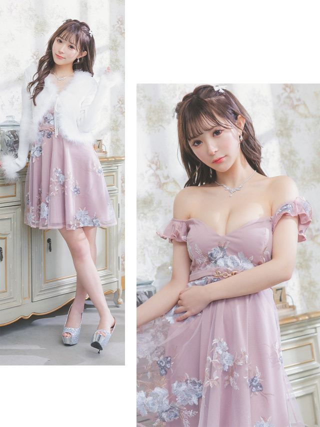 ウエストベルト付きオフショルダーエアリーフラワーフレアミニドレスの商品画像2枚目