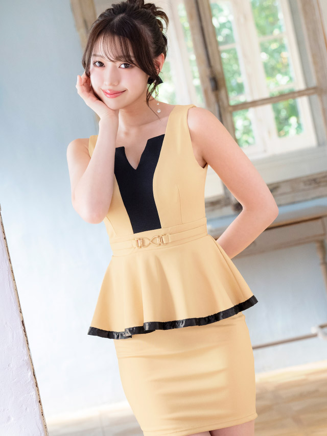 タイトミニドレス大きいサイズシンプル大人上品ノースリーブバイカラーVカットネックウエストベルトペプラムブラジャーのままキャバドレスの商品画像4枚目