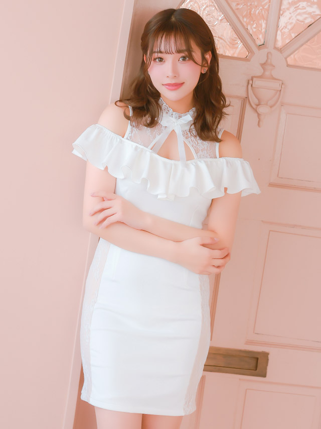 ネックリボン 肩あき フリル袖 カットアウト ヌーディーレース ストレッチ タイトミニドレスの商品画像2枚目