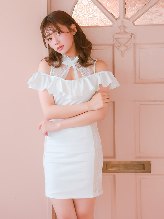 ネックリボン 肩あき フリル袖 カットアウト ヌーディーレース ストレッチ タイトミニドレスの商品画像2枚目