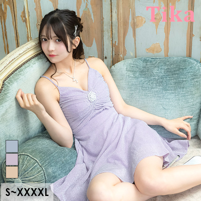 ミニドレス キャミソール ギャザー リボンデザイン ラメ キラキラ ストレッチ Aライン 紫 5L XXXXL 大きいサイズ キャバドレス のメイン画像