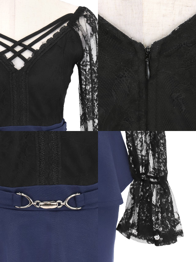 ミニドレス 長袖 袖あり ベルスリーブ ブラックレース ペプラム 谷間 ダブルクロスネック ウエストベルト ストレッチ バイカラー お腹カバー 二の腕カバー 大きいサイズ XL XXL 黒 ネイビー タイト キャバドレス のディティール画像