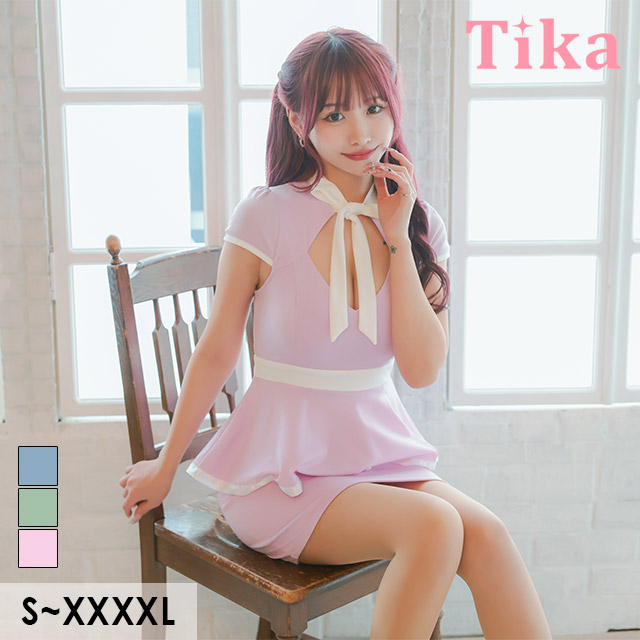 ミニドレス タイト 谷間 大きいサイズ ストレッチ 半袖 ペプラム ネックリボン ブラジャーのまま パイピング バストカット ピンク XL XXL 4L 5L 6L キャバドレス の座り画像1枚目