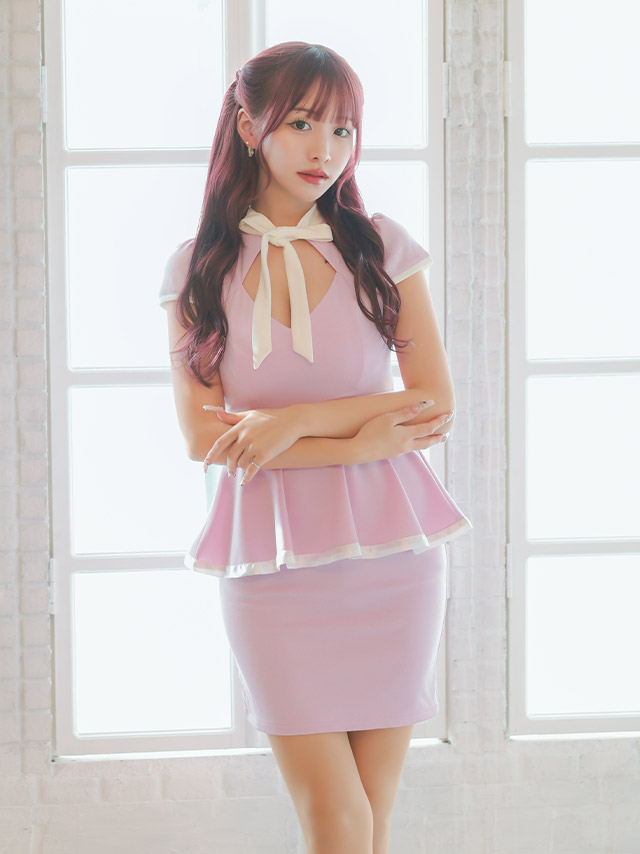 ミニドレス タイト 谷間 大きいサイズ ストレッチ 半袖 ペプラム ネックリボン ブラジャーのまま パイピング バストカット ピンク XL XXL 4L 5L 6L キャバドレス の商品画像2枚目