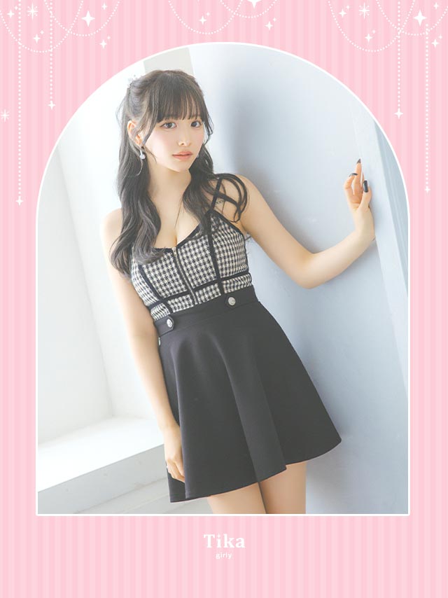 ツイードギンガムチェック柄バストジップキャミソールフレアミニドレスの商品画像2枚目