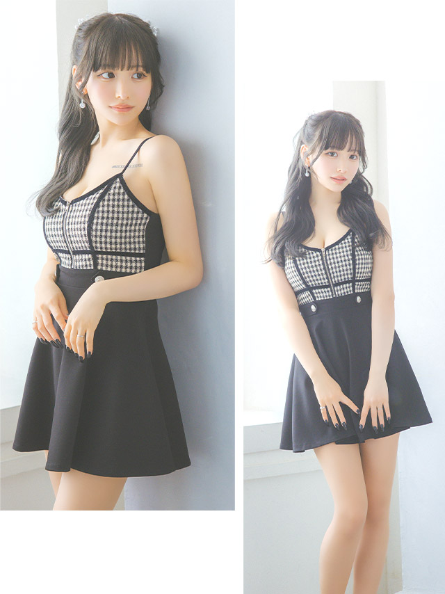 ツイードギンガムチェック柄バストジップキャミソールフレアミニドレスの商品画像3枚目