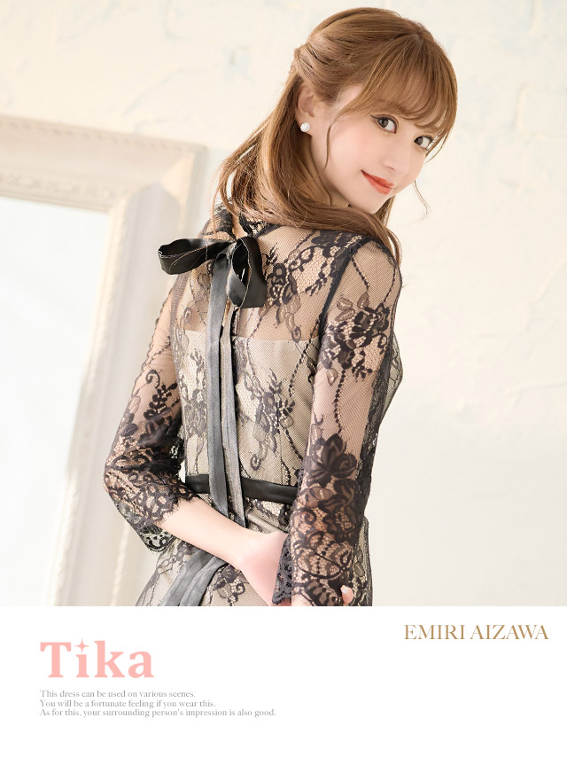 袖あり八部袖ヌーディーフラワー総レースバックリボンタイト膝丈ドレスの商品画像3枚目