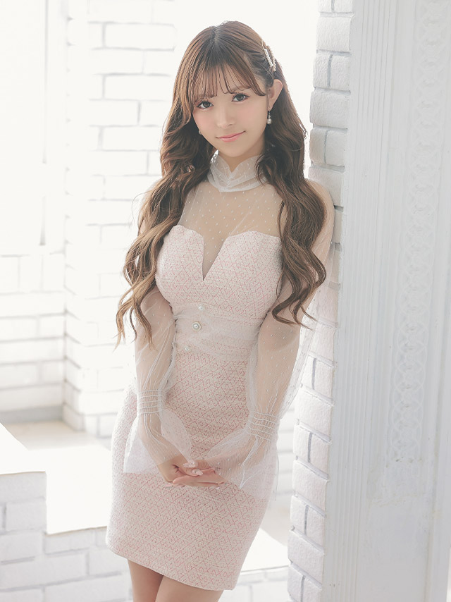 ハイネック長袖ラメチュール切り替えニットツイードタイトミニドレスの商品画像4枚目