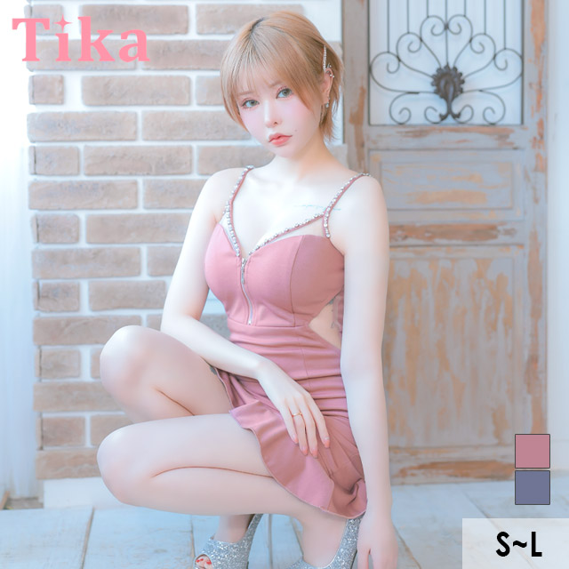 ミニドレス タイト ストレッチ ビジュー ジップ ストーン付き バストコード 裾フリル セクシー 谷間 キャミソール シースルー くびれ ピンク キャバドレス のメイン画像