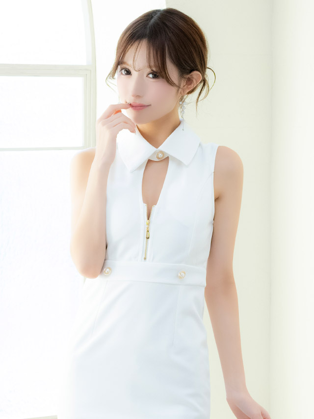 タイトミニドレス谷間シンプルノースリーブ襟付きバストカットジップブラジャーのままワンカラーの商品画像2枚目