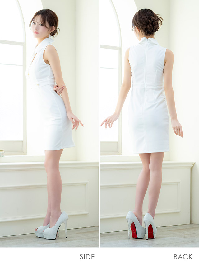 タイトミニドレス谷間シンプルノースリーブ襟付きバストカットジップブラジャーのままワンカラーのサイドバック