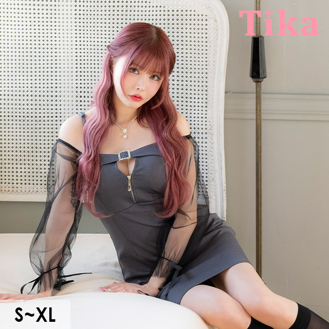 タイトミニドレス長袖谷間ストレッチ肩出し二の腕カバージップパフスリーブキャバドレスの商品画像1枚目