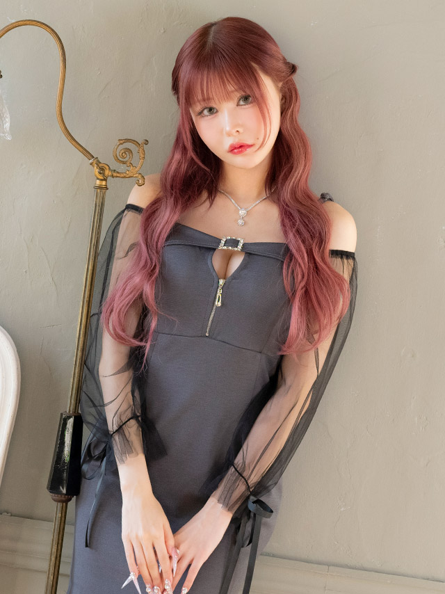 タイトミニドレス長袖谷間ストレッチ肩出し二の腕カバージップパフスリーブキャバドレスの商品画像2枚目