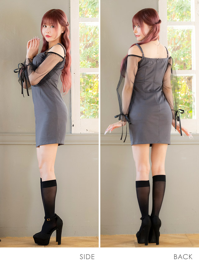 タイトミニドレス長袖谷間ストレッチ肩出し二の腕カバージップパフスリーブキャバドレスのサイドバック