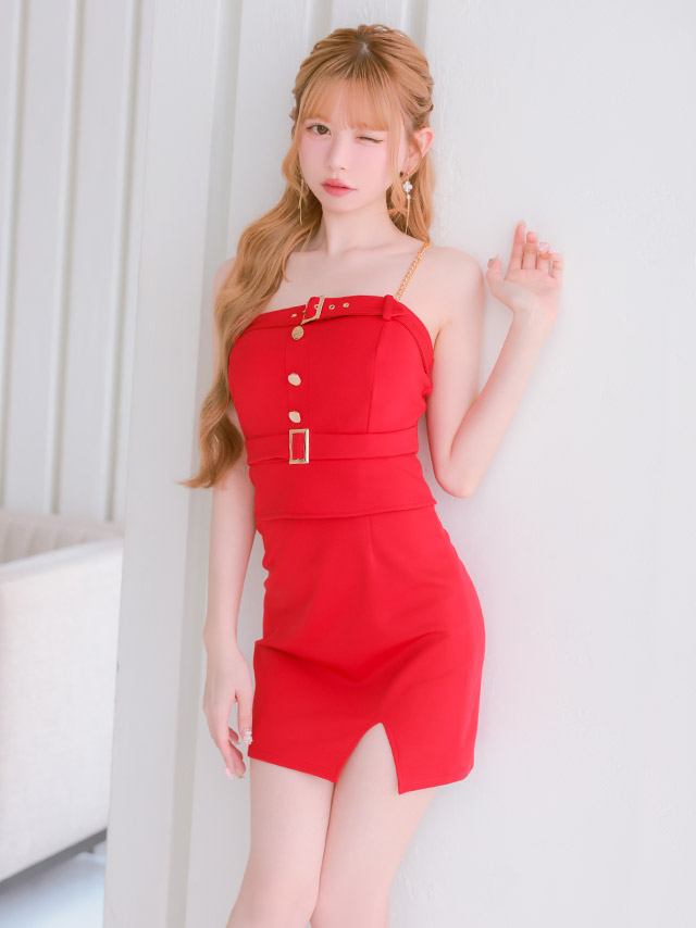 ミニドレス キャミソール ゴールドチェーン ペプラム ベルト付き フロントボタン ストレッチ 赤ドレス XL XXL タイト キャバドレス の立ち姿イメージ画像1枚目