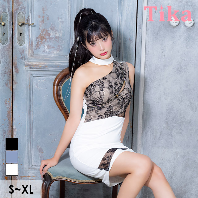 膝丈ドレス チョーカーネック ジップ ヌーディー ブラックレース ワンショルダー タイト ストレッチ 高身長 白 XL キャバドレス のメイン画像