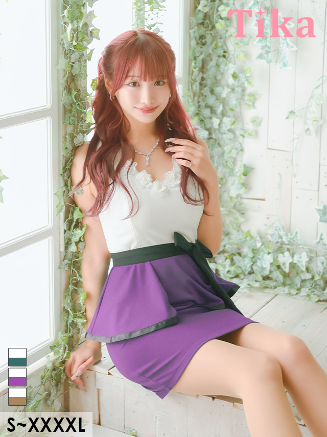 ミニドレス タイト 大きいサイズ レース 大人 ノースリーブ ローズ刺繍 ストレッチ ペプラム ウエストリボン バイカラー 白 キャメル XL XXL 4L 5L 6L キャバドレス の座り画像1枚目