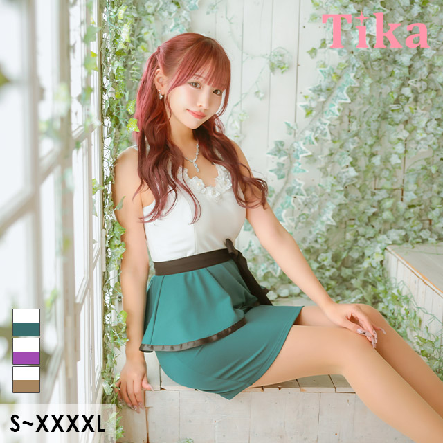 ミニドレス タイト 大きいサイズ レース 大人 ノースリーブ ローズ刺繍 ストレッチ ペプラム ウエストリボン バイカラー 白 キャメル XL XXL 4L 5L 6L キャバドレス の座り画像1枚目