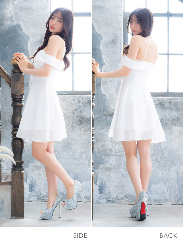 ミニドレス 肩あき シフォン谷間 バストクロス Aライン ワンカラー XL XXL 4L 5L 大きいサイズ 白 キャバドレス のサイド・バック画像