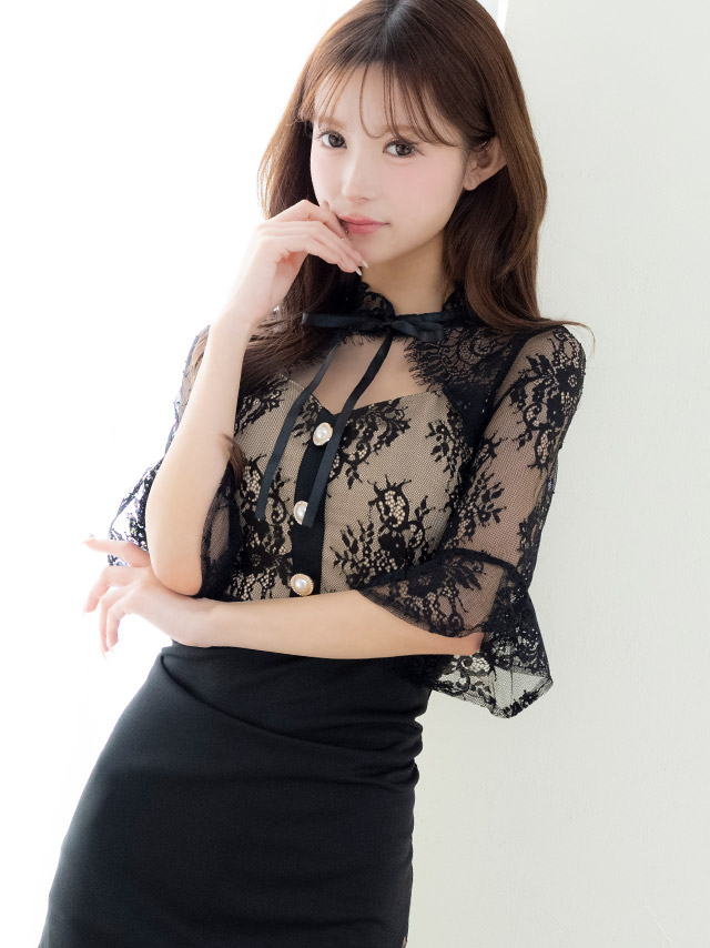 ミニドレス タイト バストカット ネックリボン フラワーレース 袖あり 二の腕カバー 黒 XL XXL キャバドレス の商品画像2枚目