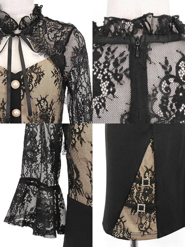 ミニドレス タイト バストカット ネックリボン フラワーレース 袖あり 二の腕カバー 黒 XL XXL キャバドレス のディティール画像