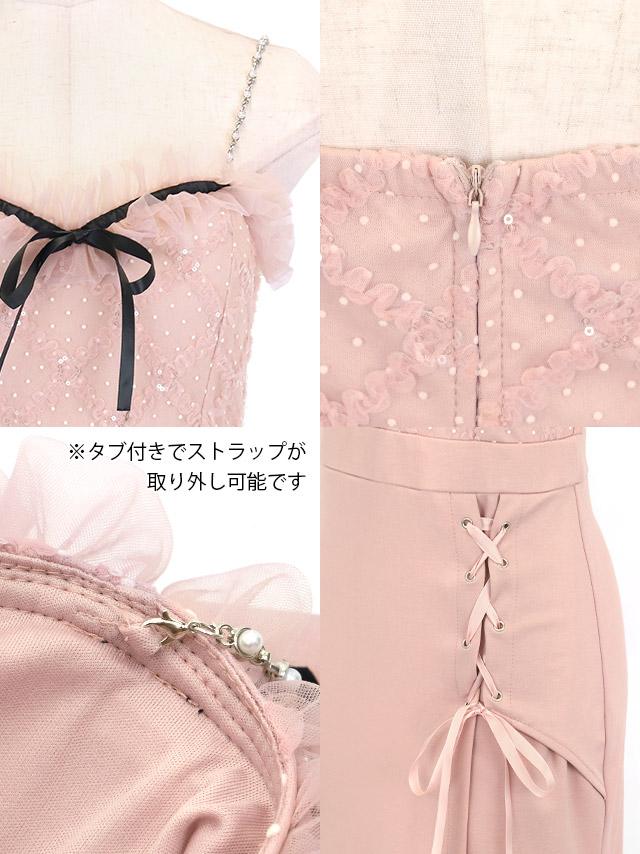 ミニドレスビジューキャミソールリボンドット柄チュールフリルサイド編み上げラップタイトキャバドレス