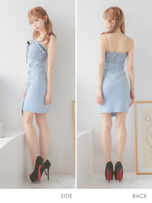 ミニドレスビジューキャミソールリボンドット柄チュールフリルサイド編み上げラップタイトキャバドレス