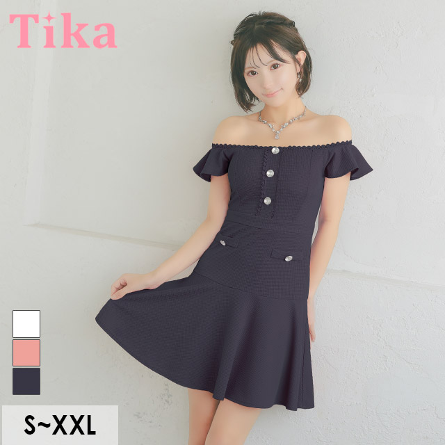 刺繍縁取りビジューボタンオフショルダーフリル袖ワンカラーフレアミニドレスの商品画像2枚目