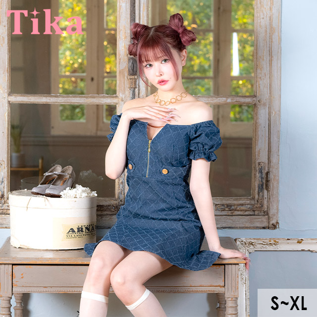 ワンピースAラインミニドレス谷間オフショルダージップチェック柄デニムパフスリーブサイドベルトバストカット同伴キャバドレスの商品画像1枚目