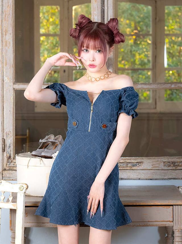 ワンピースAラインミニドレス谷間オフショルダージップチェック柄デニムパフスリーブサイドベルトバストカット同伴キャバドレスの商品画像2枚目