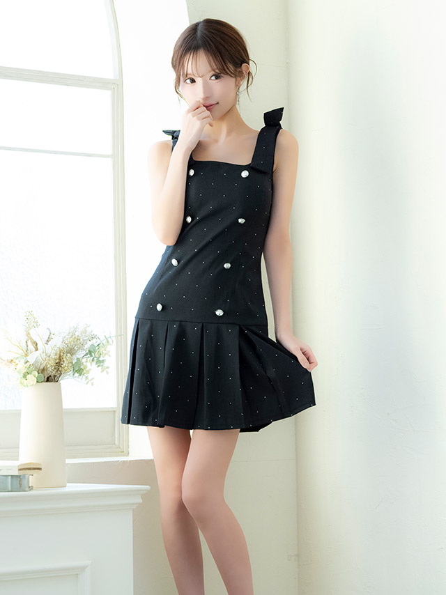 ミニドレス Aライン ノースリーブ ショルダーリボン ワンピース 同伴 スクエアネック ダブルボタン ラメ プリーツ ブラジャーのまま XL ブラック キャバドレスの商品画像2枚目