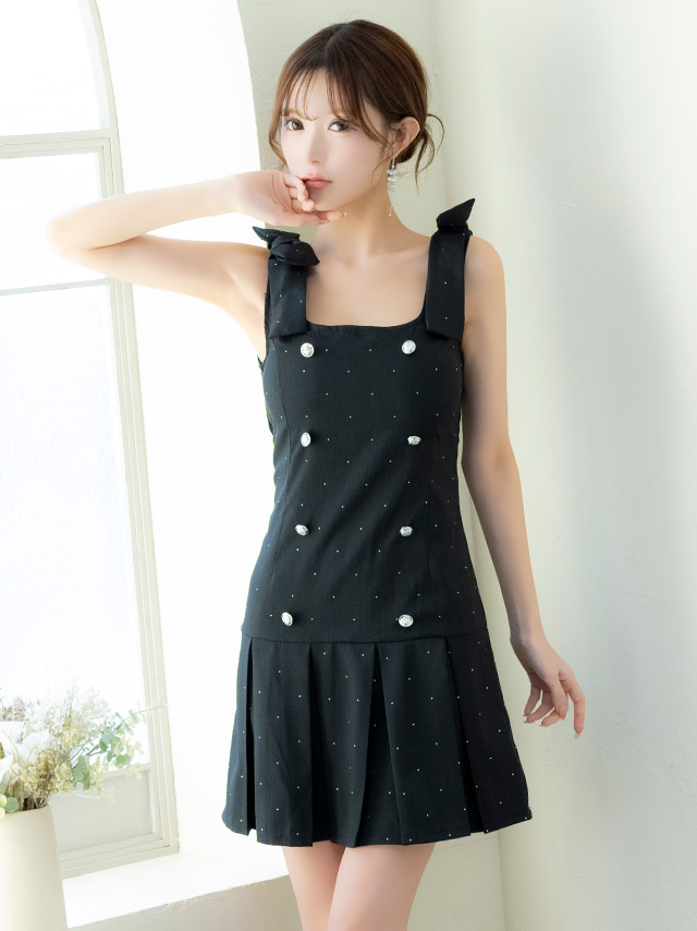 ミニドレス Aライン ノースリーブ ショルダーリボン ワンピース 同伴 スクエアネック ダブルボタン ラメ プリーツ ブラジャーのまま XL ブラック キャバドレスの商品画像4枚目