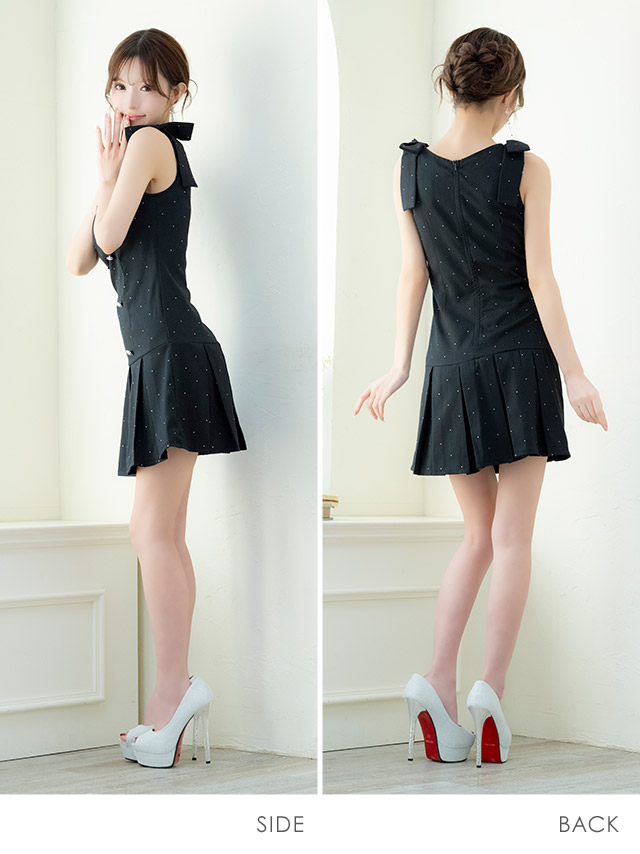 ミニドレス Aライン ノースリーブ ショルダーリボン ワンピース 同伴 スクエアネック ダブルボタン ラメ プリーツ ブラジャーのまま XL ブラック キャバドレスのサイド・バック画像