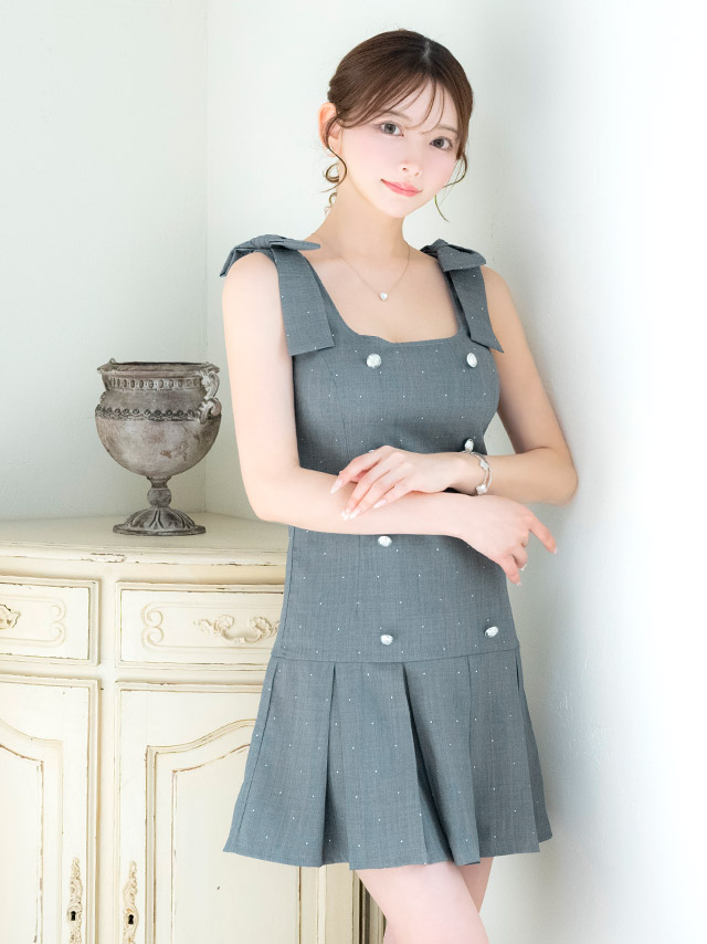 ミニドレス Aライン ノースリーブ ショルダーリボン ワンピース 同伴 スクエアネック ダブルボタン ラメ プリーツ ブラジャーのまま XL グレー キャバドレス の商品画像2枚目