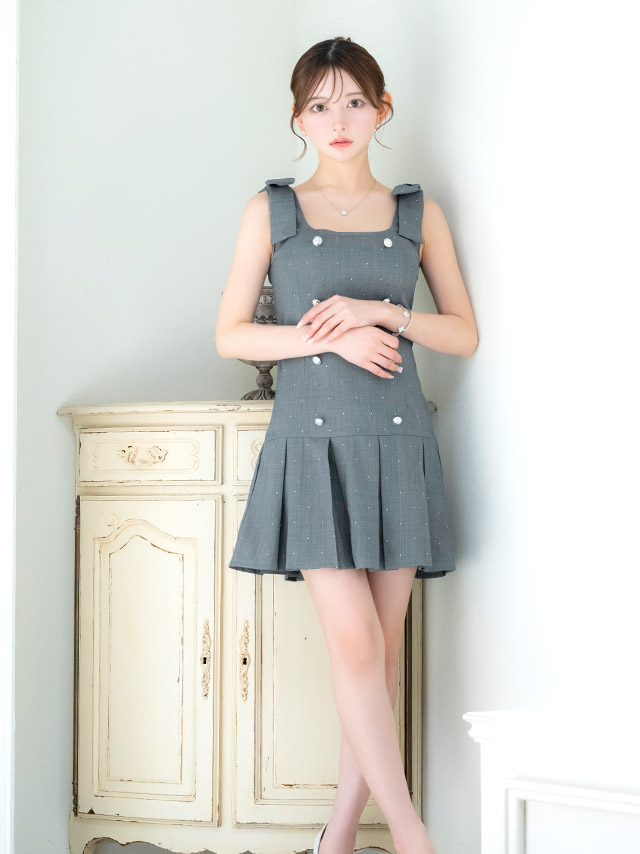 ミニドレス Aライン ノースリーブ ショルダーリボン ワンピース 同伴 スクエアネック ダブルボタン ラメ プリーツ ブラジャーのまま XL グレー キャバドレス の商品画像4枚目