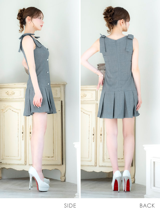 ミニドレス Aライン ノースリーブ ショルダーリボン ワンピース 同伴 スクエアネック ダブルボタン ラメ プリーツ ブラジャーのまま XL グレー キャバドレス のサイド・バック画像