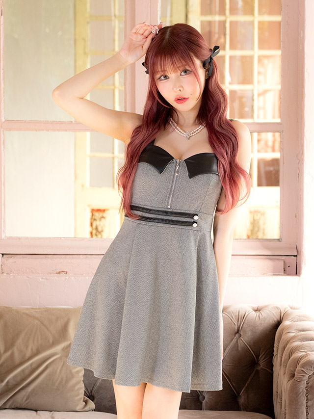 Aラインミニドレス谷間キャミソールウエストベルトジップバイカラーレザーキャバドレス