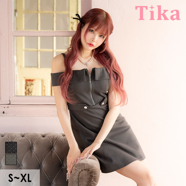 ワンピースAラインミニドレスジップ大人ドット柄肩出しウエストベルトピンドットキャバドレス