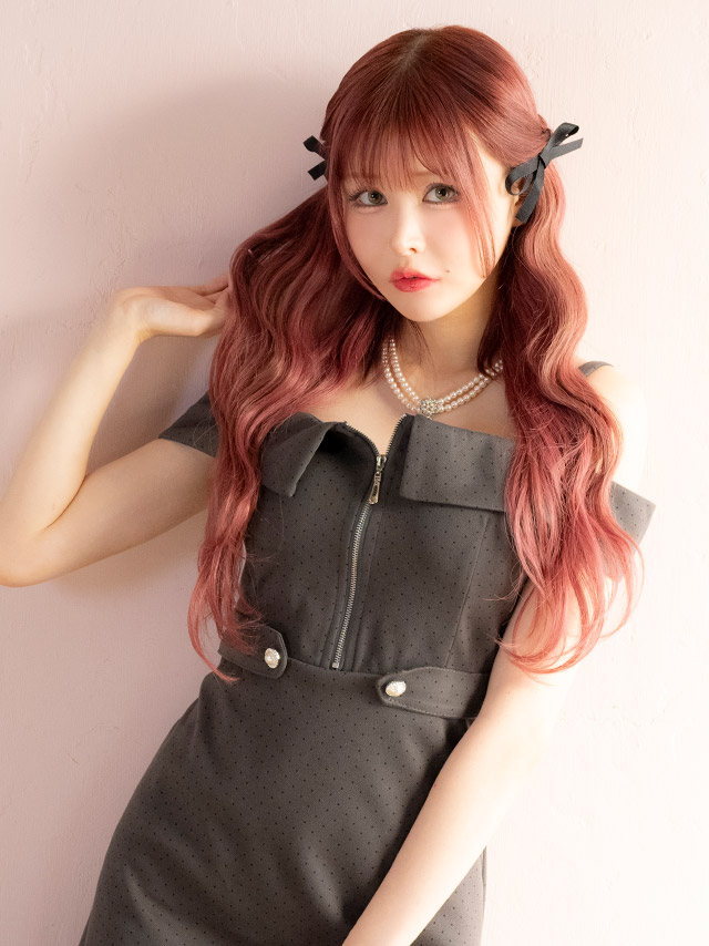 ワンピースAラインミニドレスジップ大人ドット柄肩出しウエストベルトピンドットキャバドレス