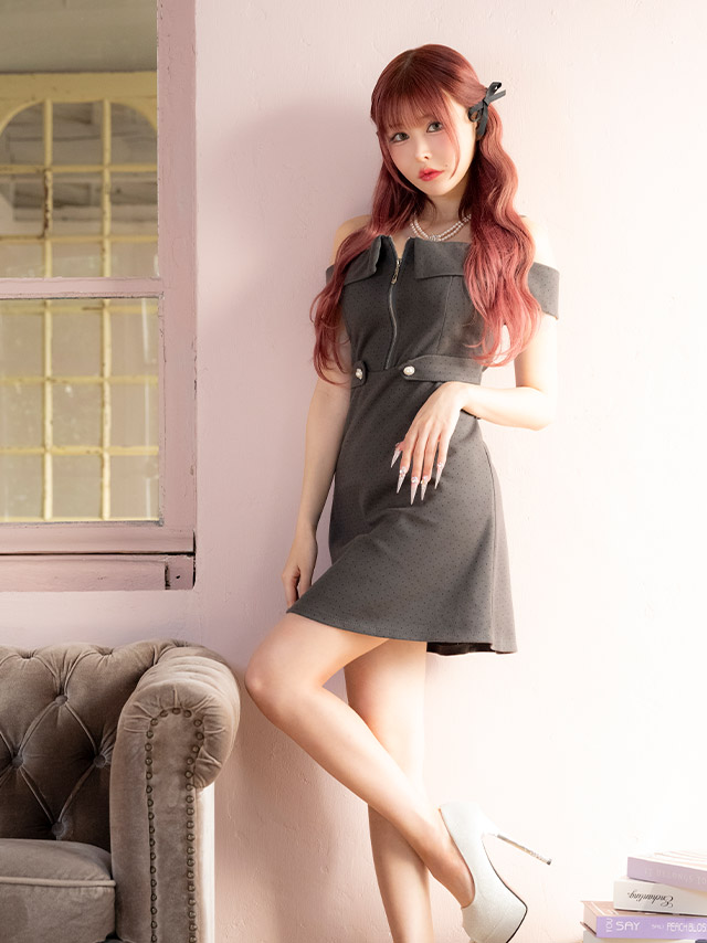 ワンピースAラインミニドレスジップ大人ドット柄肩出しウエストベルトピンドットキャバドレス