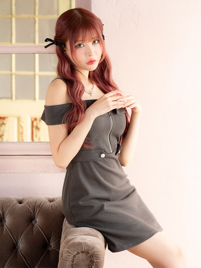 ワンピースAラインミニドレスジップ大人ドット柄肩出しウエストベルトピンドットキャバドレス