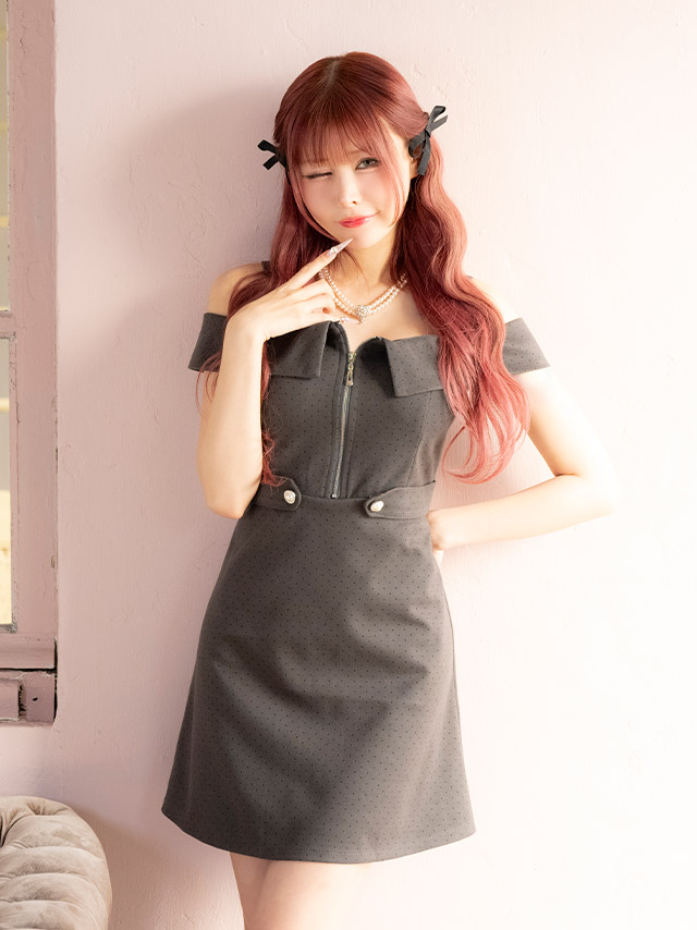 ワンピースAラインミニドレスジップ大人ドット柄肩出しウエストベルトピンドットキャバドレス