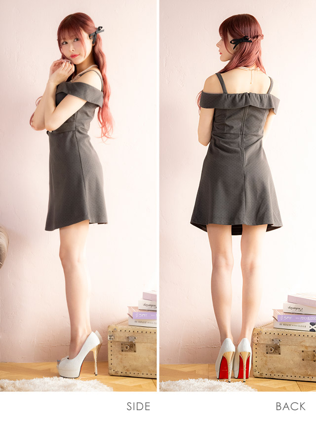 ワンピースAラインミニドレスジップ大人ドット柄肩出しウエストベルトピンドットキャバドレス