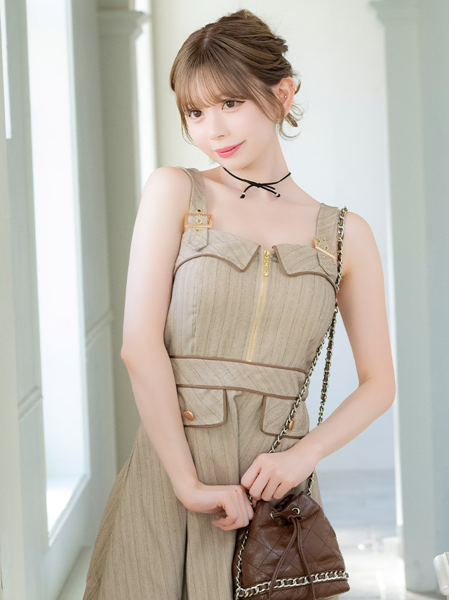 ミニドレスAラインキャミソールワンピース同伴ジップ谷間ストライプパイピングベージュXLキャバドレス