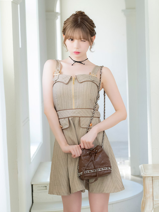 ミニドレスAラインキャミソールワンピース同伴ジップ谷間ストライプパイピングベージュXLキャバドレス