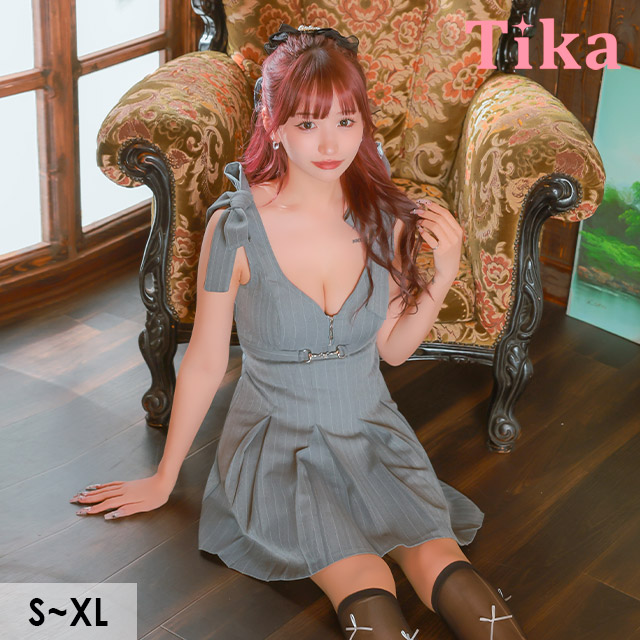 ミニドレスフレアミニAラインジップセクシー谷間ノースリーブリボンショルダーストライプグレーXLキャバドレスまやりん